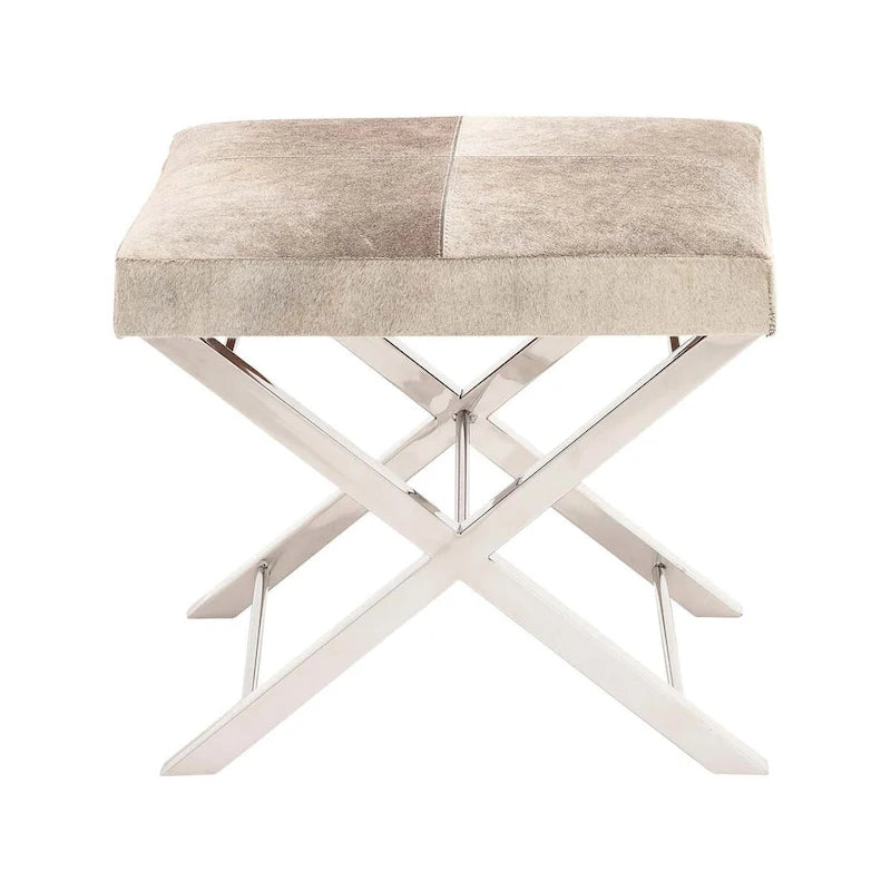 Leather Bench & Stool with Silver X-Base - Beige & Gray, Indoor Accent Seating