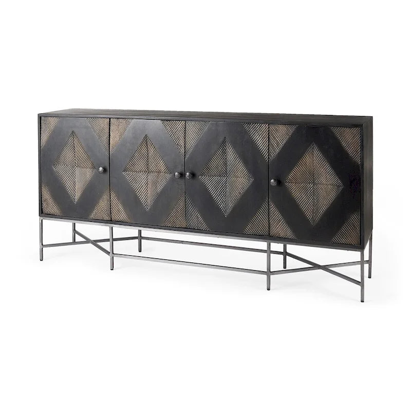 Two-Tone Brown Solid Wood 4-Cabinet Sideboard with Silver Frame