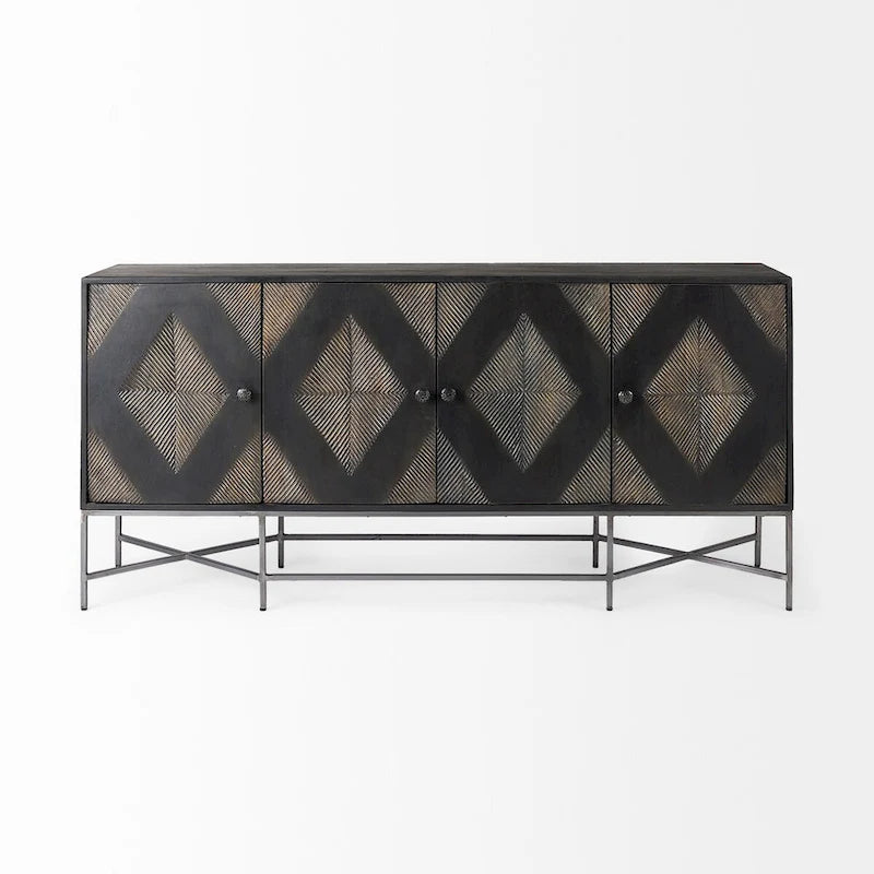 Two-Tone Brown Solid Wood 4-Cabinet Sideboard with Silver Frame