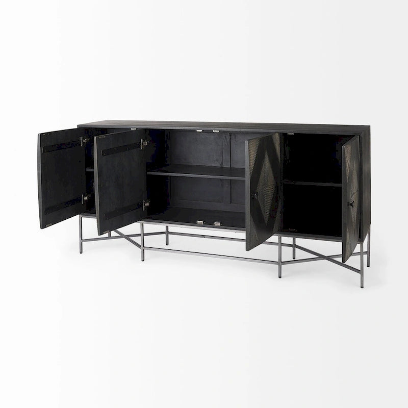 Two-Tone Brown Solid Wood 4-Cabinet Sideboard with Silver Frame