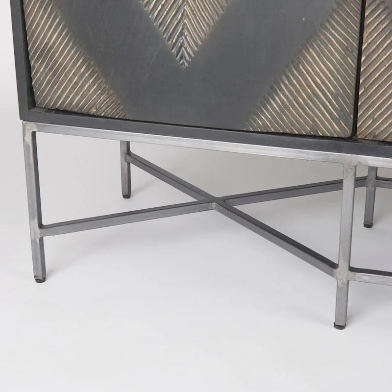 Two-Tone Brown Solid Wood 4-Cabinet Sideboard with Silver Frame