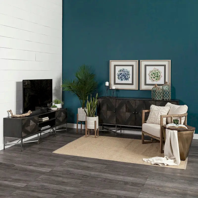 Two-Tone Brown Solid Wood 4-Cabinet Sideboard with Silver Frame