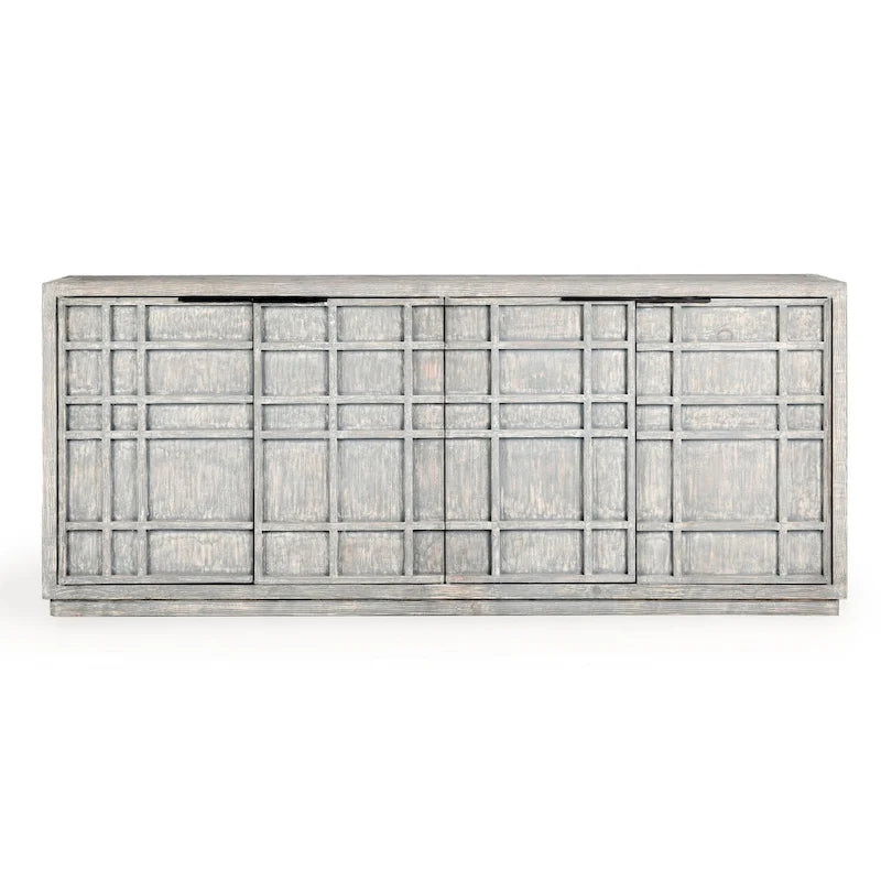 86" Reclaimed Pine Sideboard with Grid Pattern - Adjustable Shelves, Transitional Style