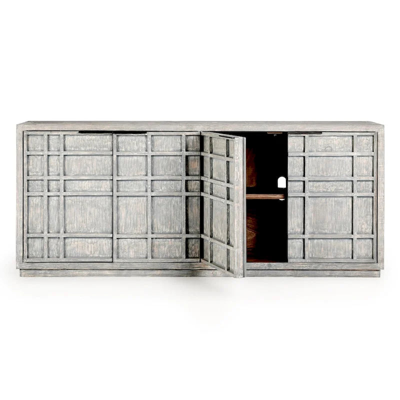 86" Reclaimed Pine Sideboard with Grid Pattern - Adjustable Shelves, Transitional Style