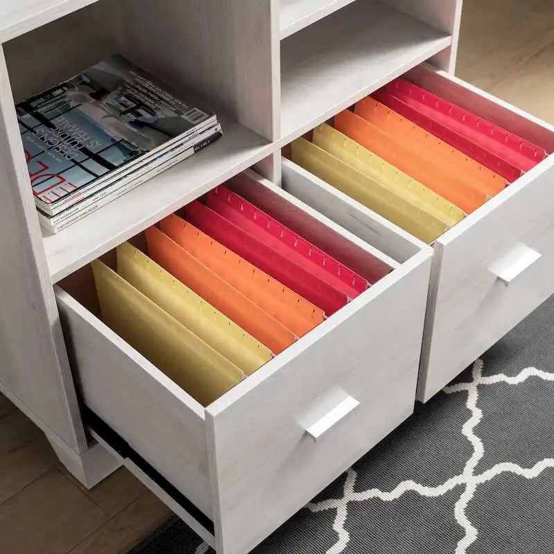 Home Office Printer Stand with Two File Cabinets and Open Shelving in White Oak