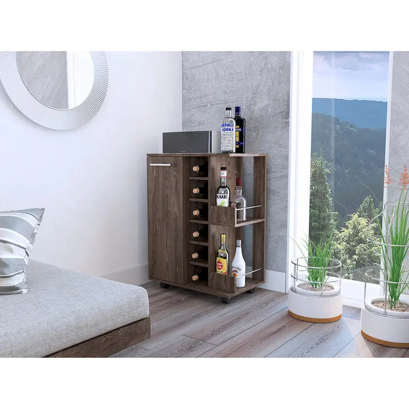 2-Shelf 6-Bottle Bar Cart with Division - Dark Walnut