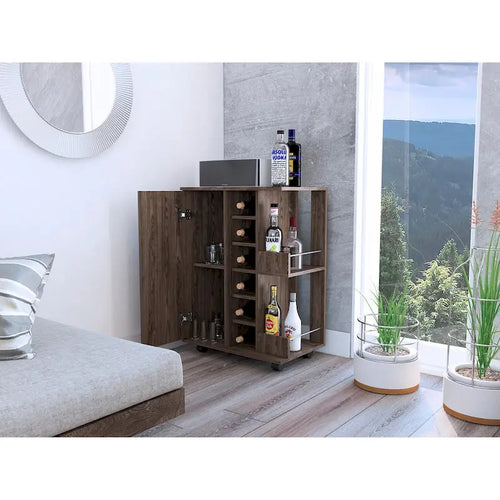 2-Shelf 6-Bottle Bar Cart with Division - Dark Walnut
