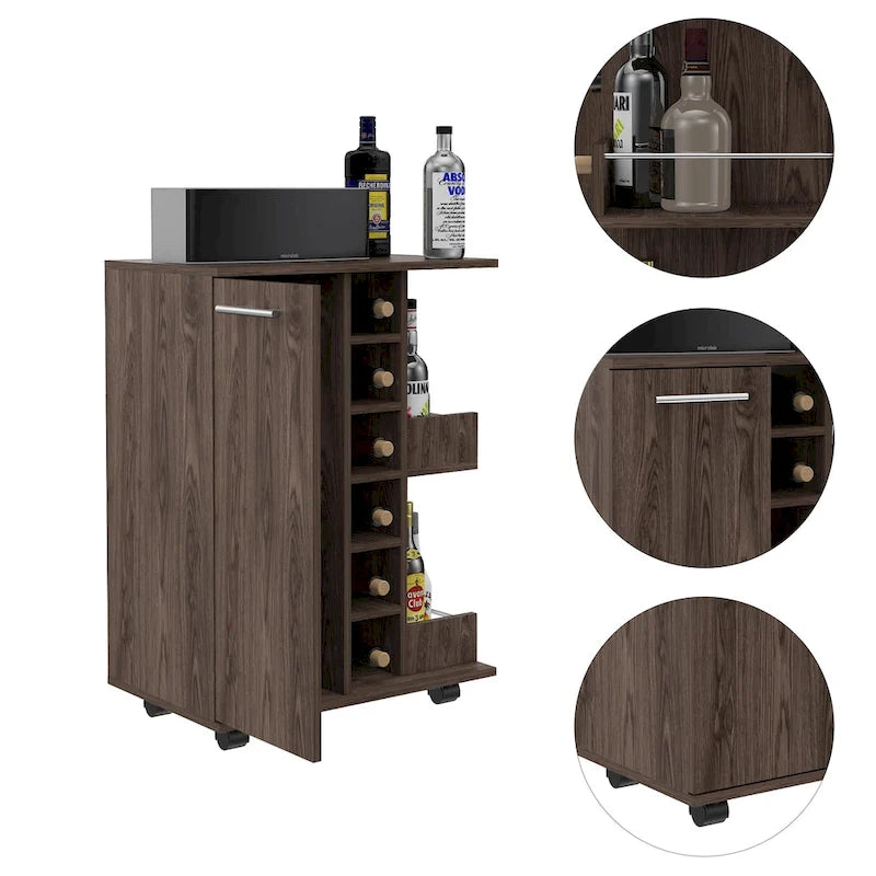 2-Shelf 6-Bottle Bar Cart with Division - Dark Walnut