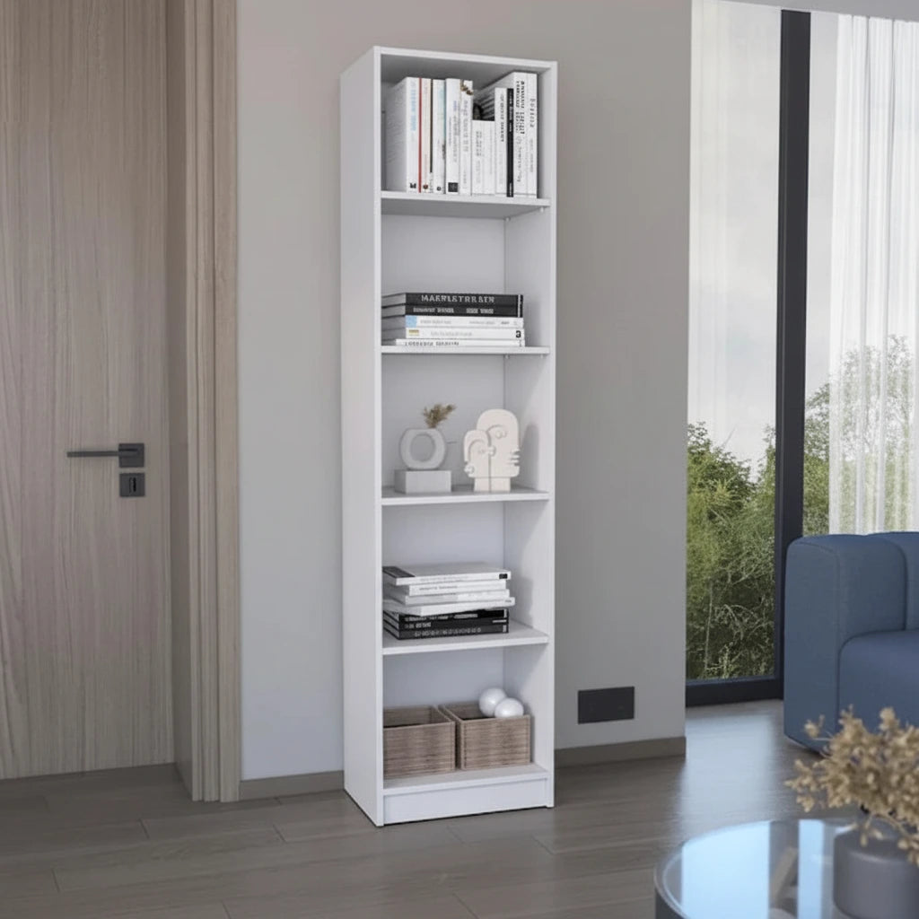 Slim 5-Tier Bookcase with White Finish - Office Storage
