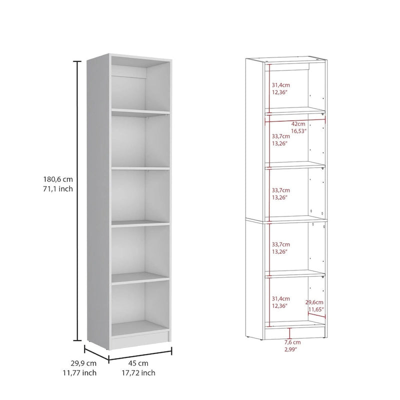 Slim 5-Tier Bookcase with White Finish - Office Storage