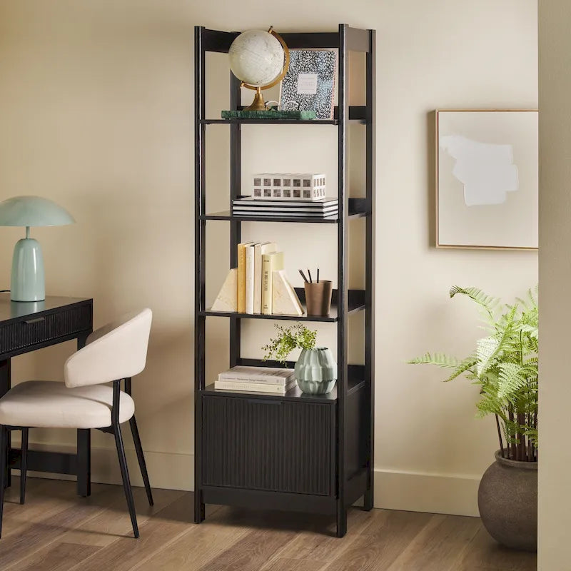 22" Narrow Bookshelf with Drawer - 5 Shelves, Reeded Front, MDF
