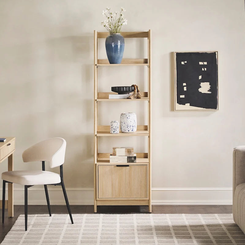 22" Narrow Bookshelf with Drawer - 5 Shelves, Reeded Front, MDF