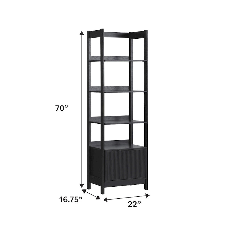 22" Narrow Bookshelf with Drawer - 5 Shelves, Reeded Front, MDF