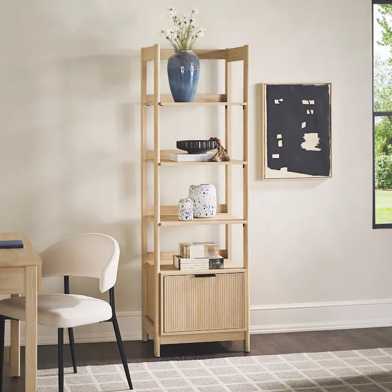 22" Narrow Bookshelf with Drawer - 5 Shelves, Reeded Front, MDF
