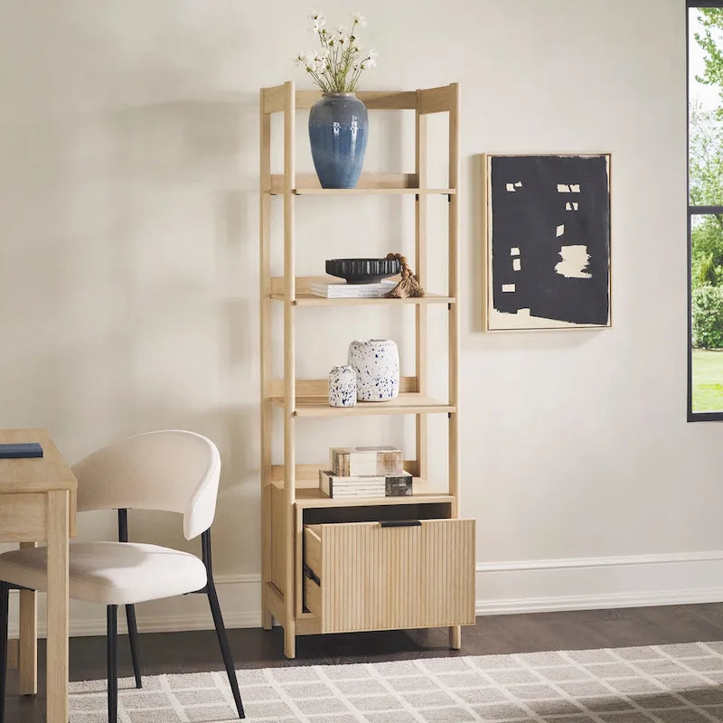22" Narrow Bookshelf with Drawer - 5 Shelves, Reeded Front, MDF