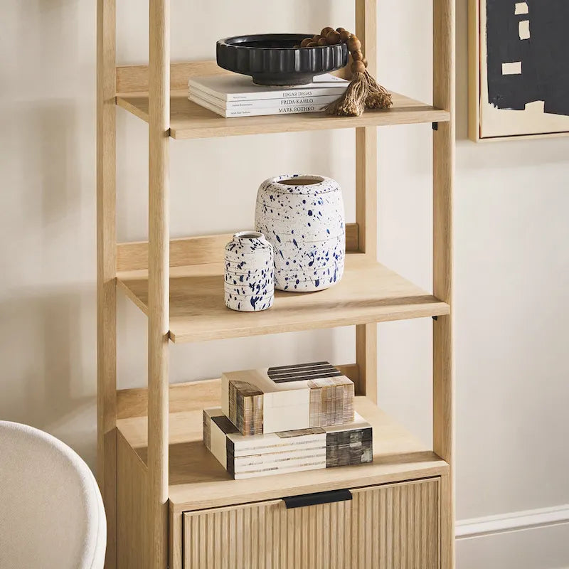 22" Narrow Bookshelf with Drawer - 5 Shelves, Reeded Front, MDF