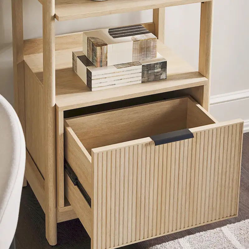 22" Narrow Bookshelf with Drawer - 5 Shelves, Reeded Front, MDF