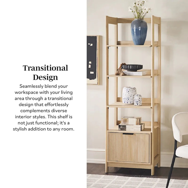 22" Narrow Bookshelf with Drawer - 5 Shelves, Reeded Front, MDF