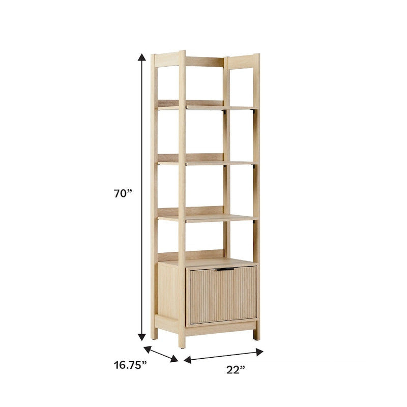 22" Narrow Bookshelf with Drawer - 5 Shelves, Reeded Front, MDF