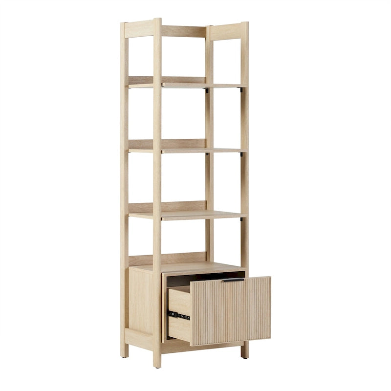 22" Narrow Bookshelf with Drawer - 5 Shelves, Reeded Front, MDF
