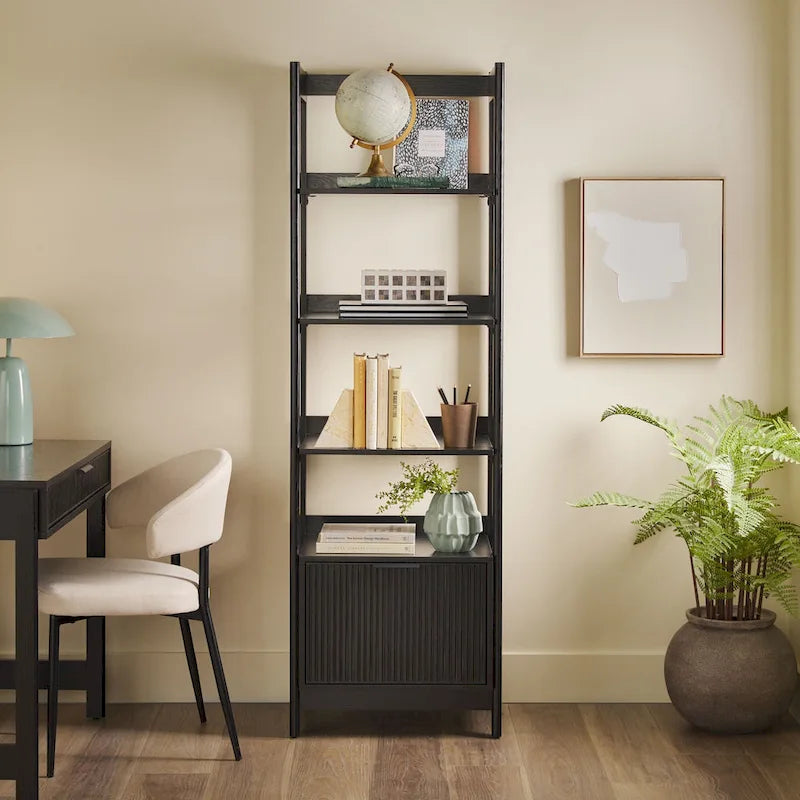 22" Narrow Bookshelf with Drawer - 5 Shelves, Reeded Front, MDF