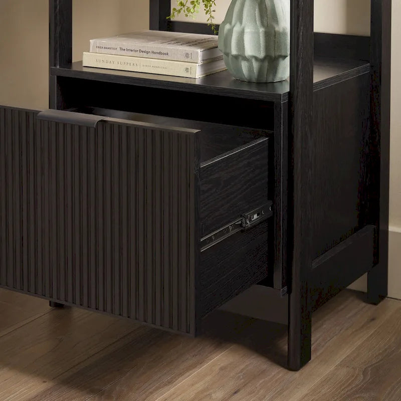 22" Narrow Bookshelf with Drawer - 5 Shelves, Reeded Front, MDF