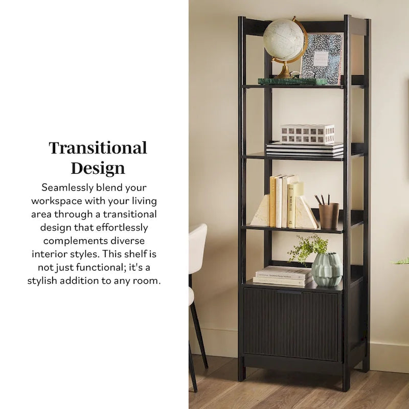 22" Narrow Bookshelf with Drawer - 5 Shelves, Reeded Front, MDF