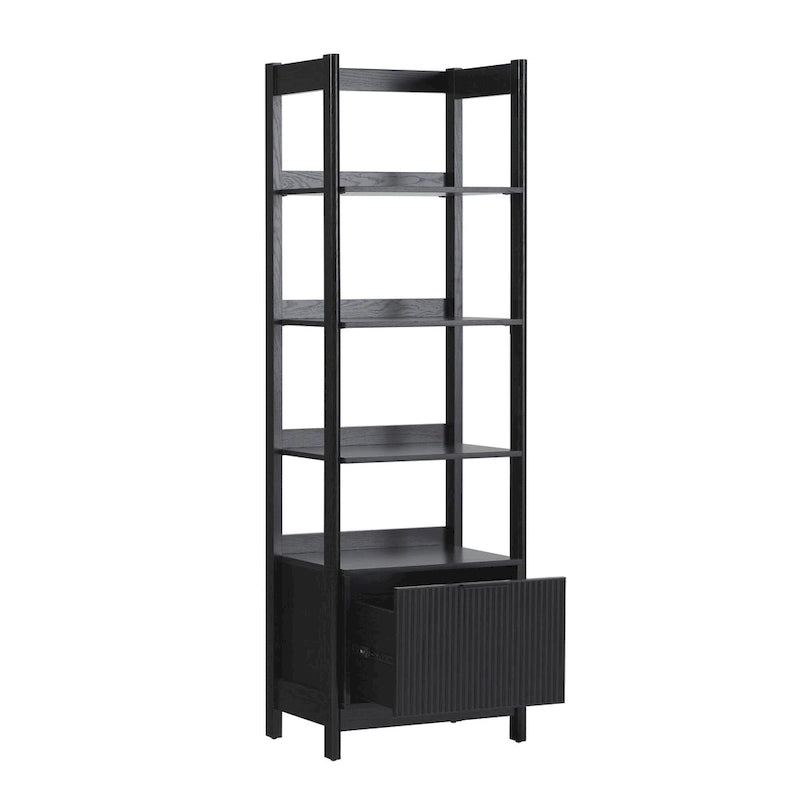 22" Narrow Bookshelf with Drawer - 5 Shelves, Reeded Front, MDF
