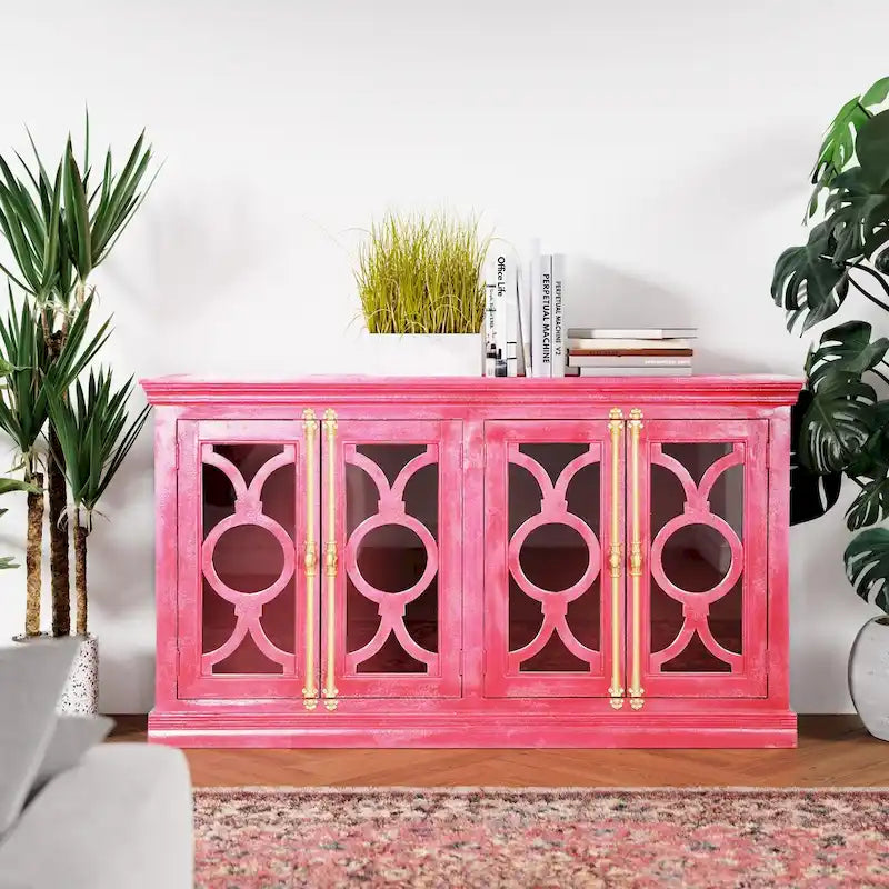 71" Solid Mango Wood Buffet Sideboard with 4 Glass Doors - Burnt Finish, No Assembly