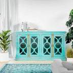 71" Solid Mango Wood Buffet Sideboard with 4 Glass Doors - Burnt Finish, No Assembly