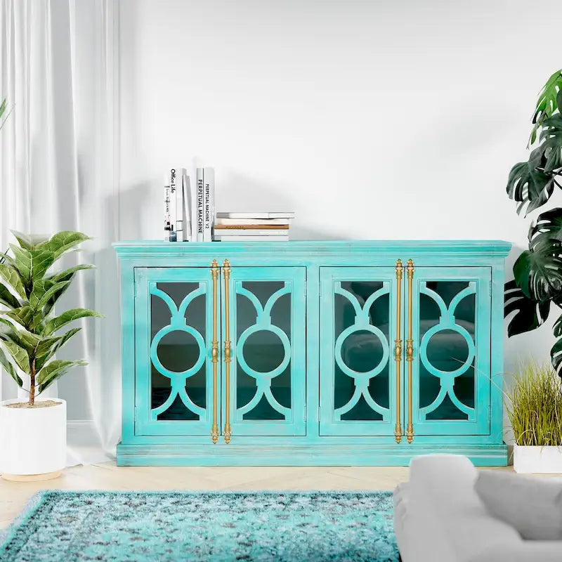 71" Solid Mango Wood Buffet Sideboard with 4 Glass Doors - Burnt Finish, No Assembly