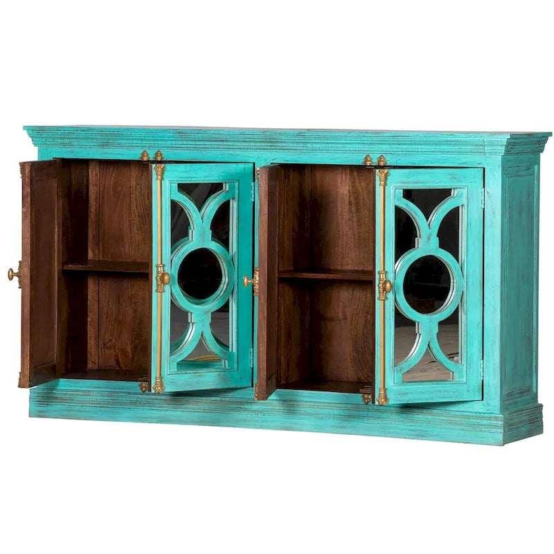 71" Solid Mango Wood Buffet Sideboard with 4 Glass Doors - Burnt Finish, No Assembly