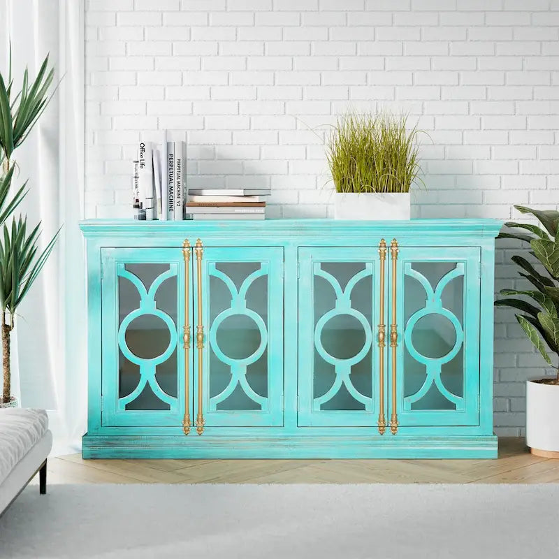 71" Solid Mango Wood Buffet Sideboard with 4 Glass Doors - Burnt Finish, No Assembly