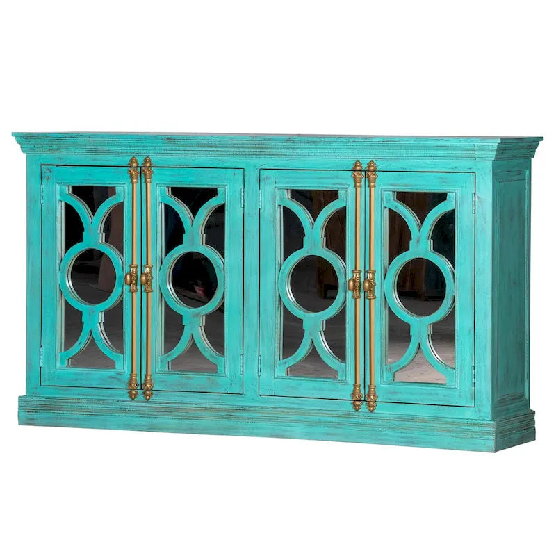 71" Solid Mango Wood Buffet Sideboard with 4 Glass Doors - Burnt Finish, No Assembly