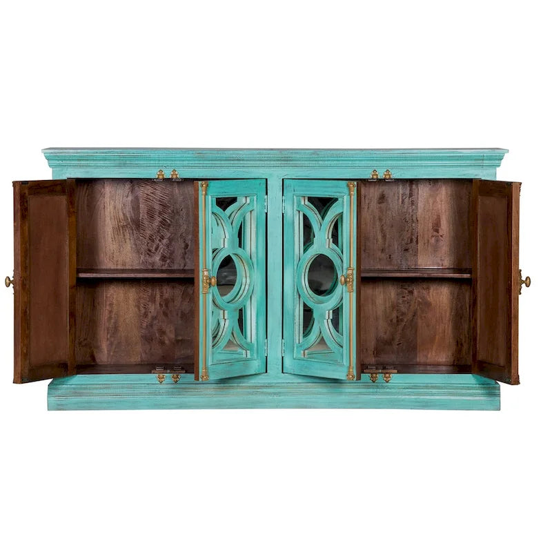 71" Solid Mango Wood Buffet Sideboard with 4 Glass Doors - Burnt Finish, No Assembly
