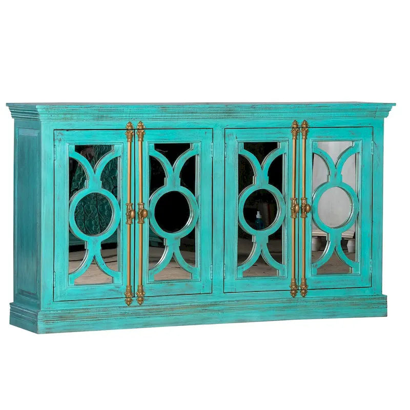 71" Solid Mango Wood Buffet Sideboard with 4 Glass Doors - Burnt Finish, No Assembly