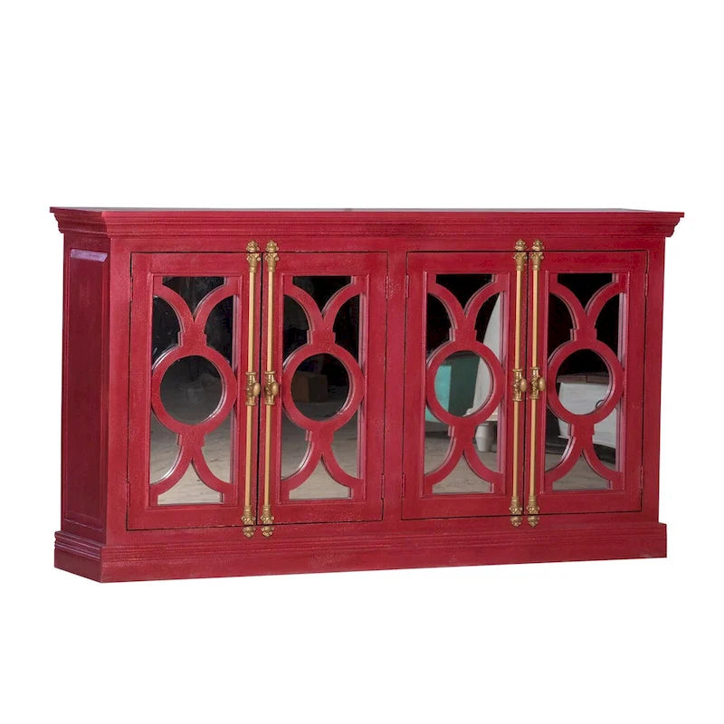 71" Solid Mango Wood Buffet Sideboard with 4 Glass Doors - Burnt Finish, No Assembly