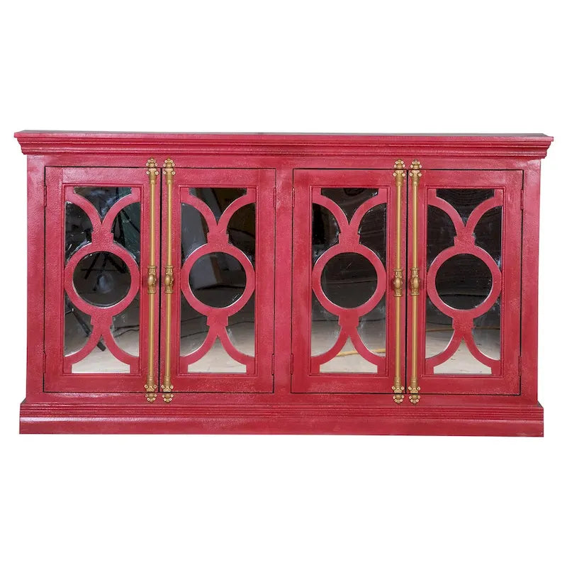 71" Solid Mango Wood Buffet Sideboard with 4 Glass Doors - Burnt Finish, No Assembly