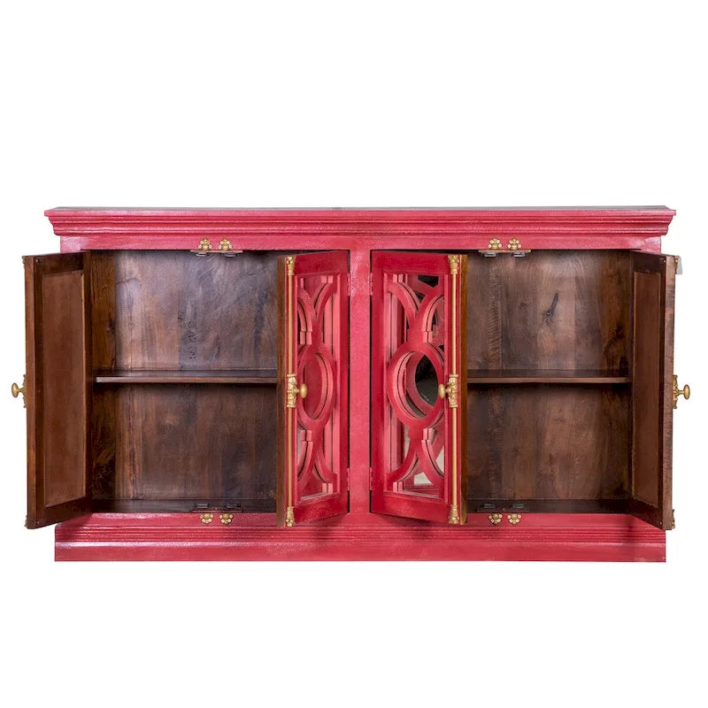 71" Solid Mango Wood Buffet Sideboard with 4 Glass Doors - Burnt Finish, No Assembly