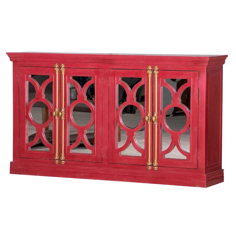 71" Solid Mango Wood Buffet Sideboard with 4 Glass Doors - Burnt Finish, No Assembly