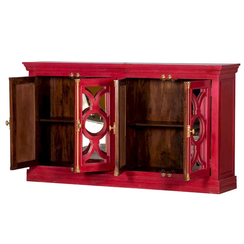 71" Solid Mango Wood Buffet Sideboard with 4 Glass Doors - Burnt Finish, No Assembly