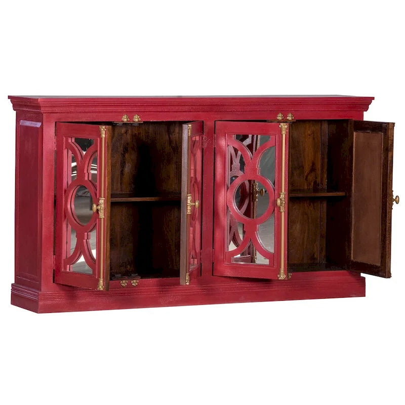 71" Solid Mango Wood Buffet Sideboard with 4 Glass Doors - Burnt Finish, No Assembly