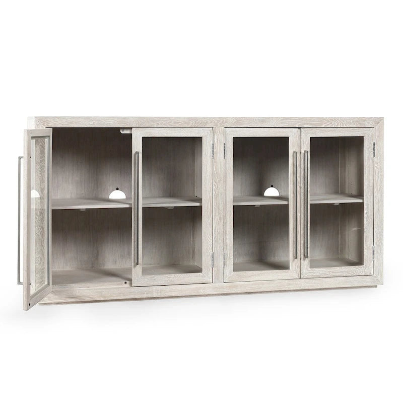 72" Whitewash Four Door Sideboard - Oak & Acacia Wood, Adjustable Shelves