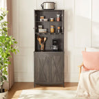 Coffee Bar Cabinet with Microwave Stand, Metal Frame & Barn Design