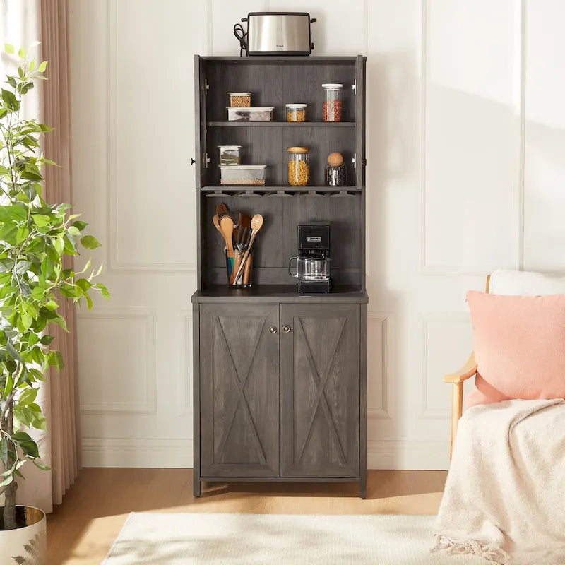 Coffee Bar Cabinet with Microwave Stand, Metal Frame & Barn Design