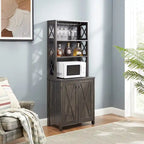 Coffee Bar Cabinet with Microwave Stand, Metal Frame & Barn Design