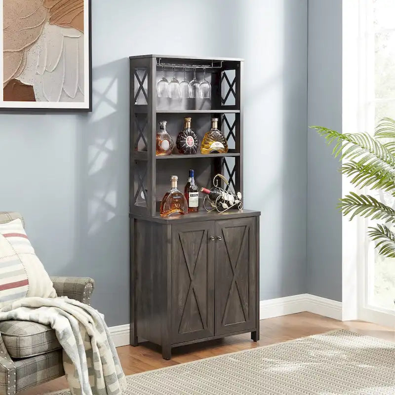 Coffee Bar Cabinet with Microwave Stand, Metal Frame & Barn Design