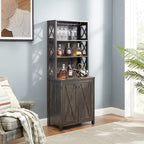 Coffee Bar Cabinet with Microwave Stand, Metal Frame & Barn Design
