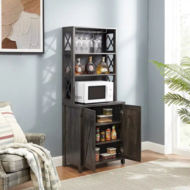 Coffee Bar Cabinet with Microwave Stand, Metal Frame & Barn Design