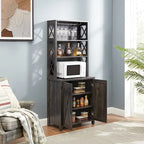 Coffee Bar Cabinet with Microwave Stand, Metal Frame & Barn Design